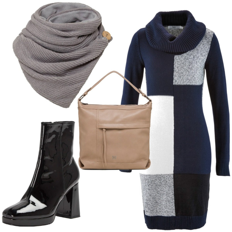 Outfit donna - Total look #1795931. Stile Trendy per Tutti i giorni. Abbinamento con vestiti midi/longuette, foulard, stivaletti, borse a tracolla.