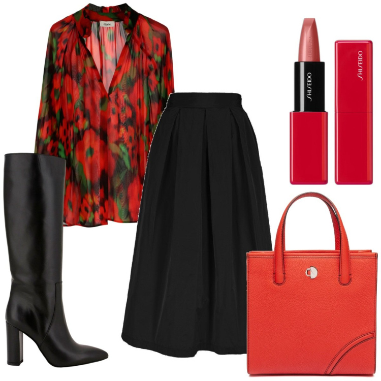 Outfit donna - Total look #1795966. Stile Trendy per Tutti i giorni. Abbinamento con rossetti, stivali sopra il ginocchio, camicie, gonne, shopping bag.
