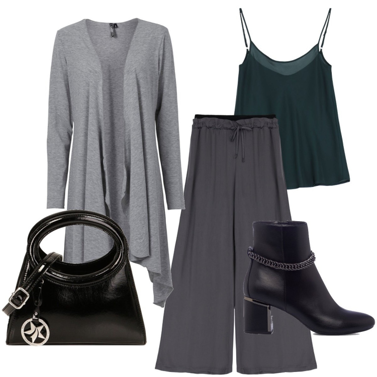 Outfit donna - I pantapalazzo con coulisse. Stile Casual chic per Ufficio. Abbinamento con cardigans, top, borse a spalla, stivaletti, pantaloni a palazzo.