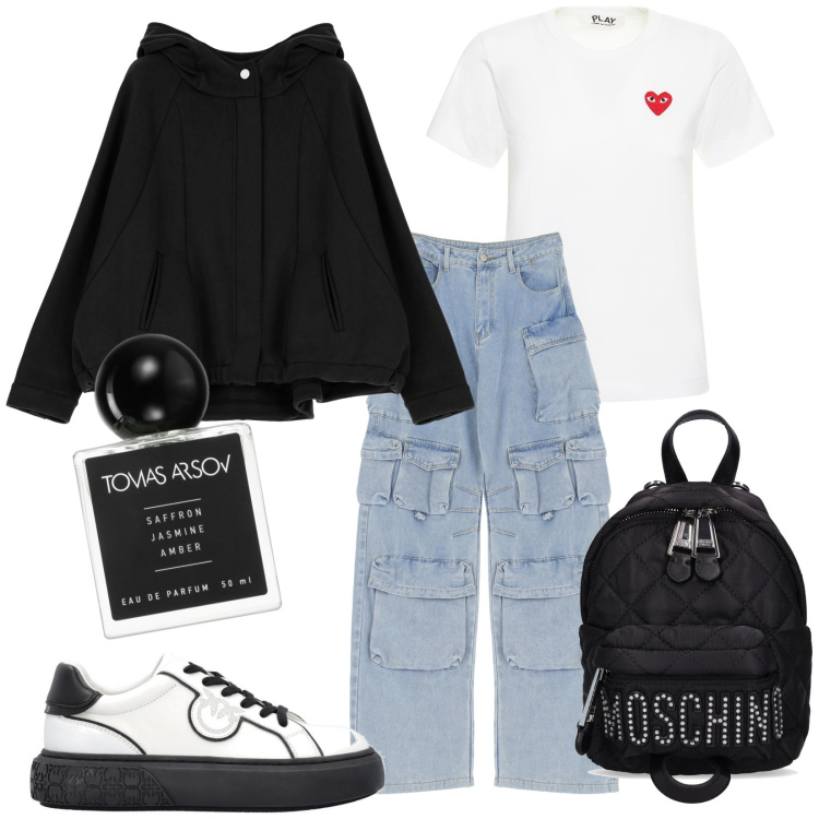 Outfit donna - Total look #1795984. Stile Urban per Scuola/Università. Abbinamento con profumi, sneakers, felpe con cappuccio, jeans, zaini, t-shirt.