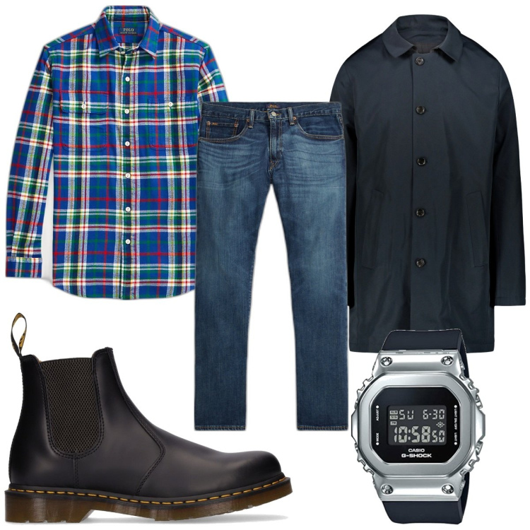 Outfit uomo - Total look #1795989. Stile Casual per Tutti i giorni. Abbinamento con jeans dritti, camicie, stivali e stivaletti, cappotti, orologi digitali.