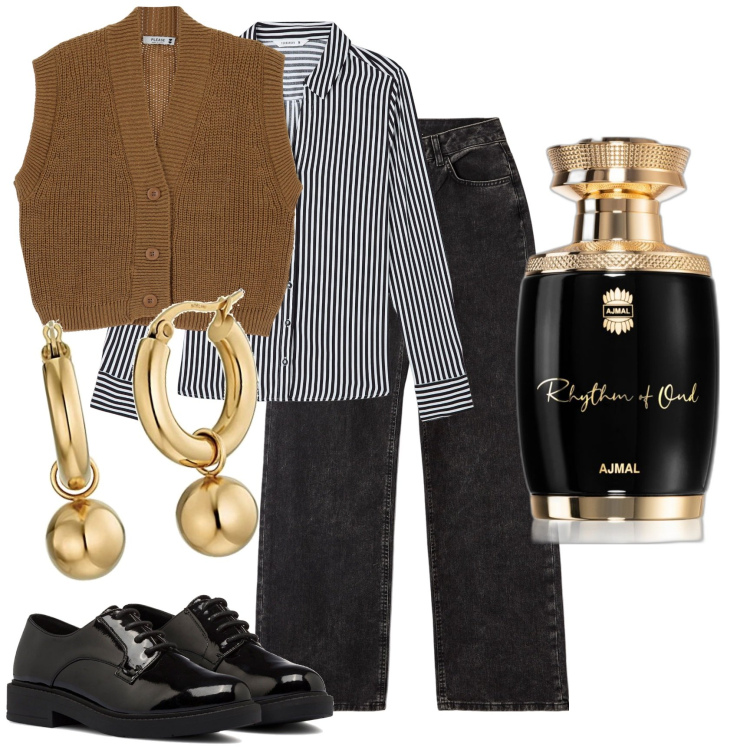 Outfit donna - Con il gilet. Stile Mannish per Tutti i giorni. Abbinamento con profumi, camicie, jeans, gilet, scarpe stringate, orecchini.