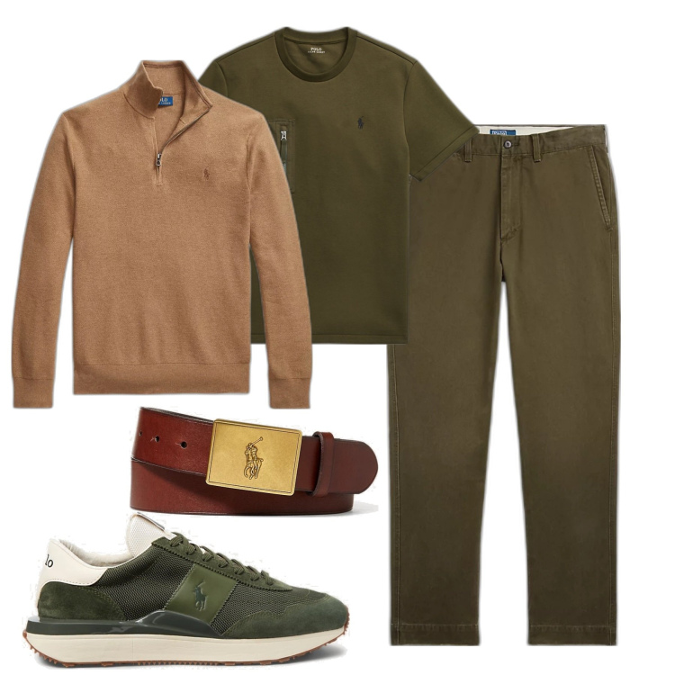 Outfit uomo - Green. Stile Casual per Tutti i giorni. Abbinamento con pantaloni, t-shirt, cinture, sneakers, maglieria.