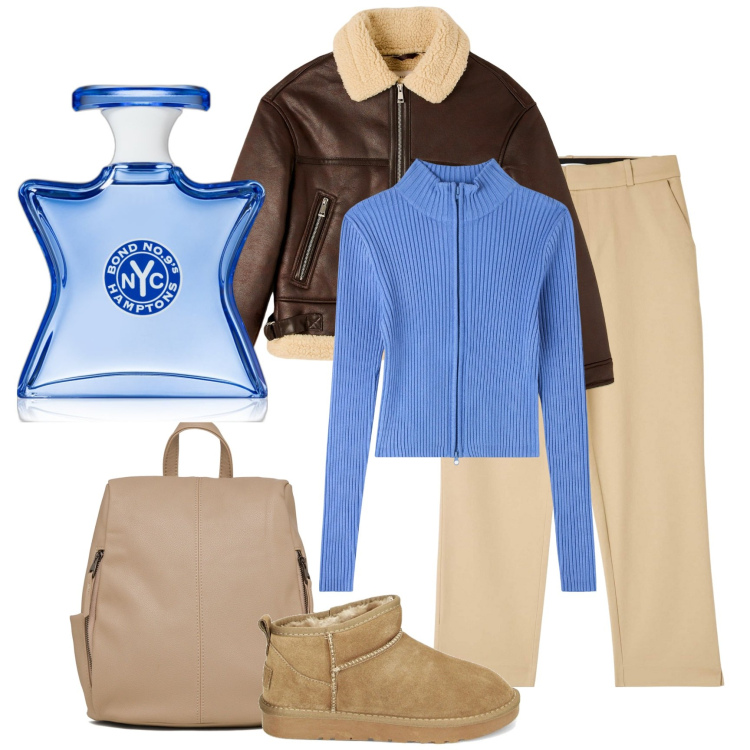 Outfit donna - Aviator jacket. Stile Basic per Tutti i giorni. Abbinamento con profumi, pantaloni chino, ecopellicce, cardigans, stivaletti, zaini.