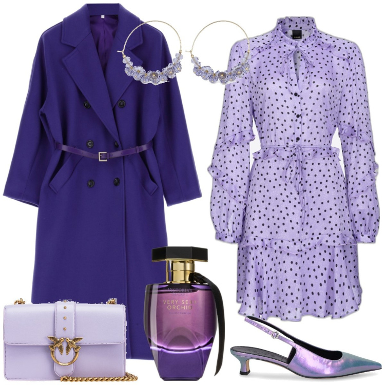 Outfit donna - Il colore viola. Stile Romantica per Tutti i giorni. Abbinamento con profumi, borse a tracolla, vestiti corti, cappotti, décolleté, orecchini.