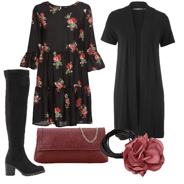 Outfit donna - Total look #1796028. Stile Romantica per Serata fuori. Abbinamento con cardigans, vestiti, stivali sopra il ginocchio, collane, pochette.