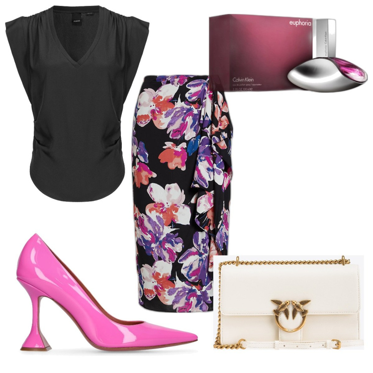 Outfit donna - Total look #1796038. Stile Chic per Serata fuori. Abbinamento con profumi, bluse, borse a tracolla, gonne, décolleté.