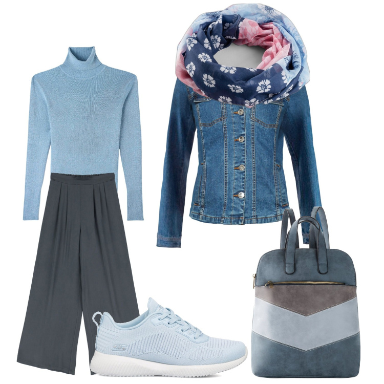 Outfit donna - Un giro in citta\'. Stile Casual per Tutti i giorni. Abbinamento con blazer, zaini, foulard, maglieria, pantaloni a palazzo, sneakers.