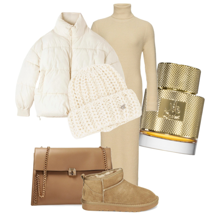 Outfit donna - È tempo di caldi piumini. Stile Casual chic per Tutti i giorni. Abbinamento con vestiti, profumi, piumini, borse a spalla, stivaletti, berretti.