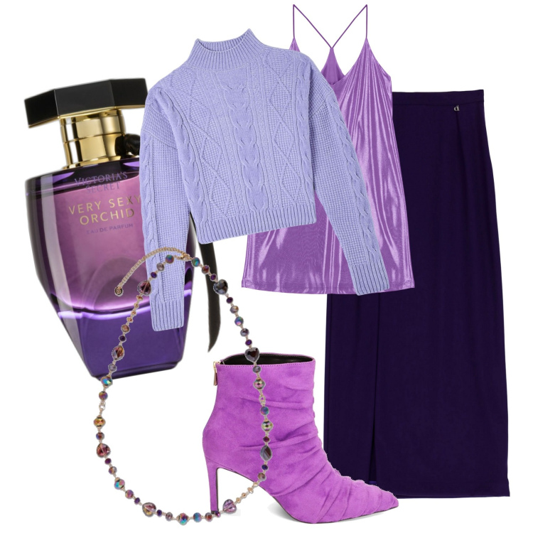 Outfit donna - Ciclamino e Lilla. Stile Chic per Tutti i giorni. Abbinamento con profumi, maglieria, vestiti corti, stivaletti, gonne lunghe, collane.