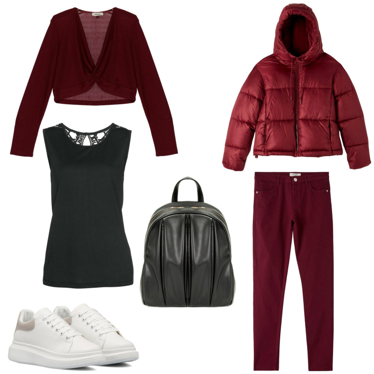 Outfit donna - In bordeaux. Stile Basic per Tutti i giorni. Abbinamento con top, pantaloni, piumini, zaini, sneakers, maglieria.