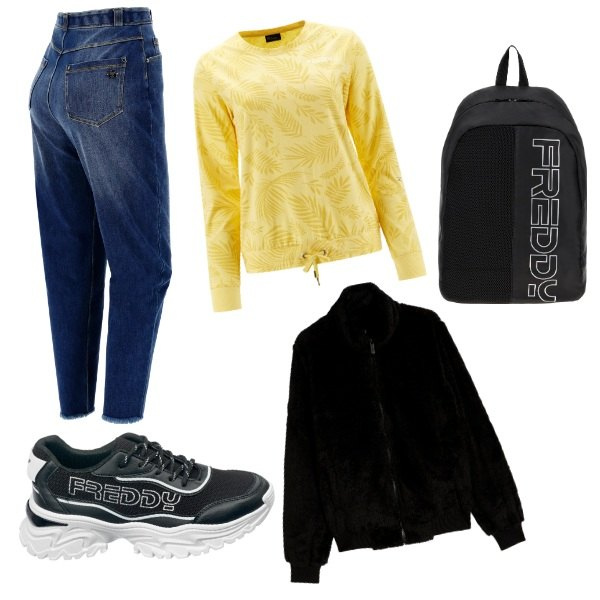 Outfit donna - Total look #1796057. Stile Casual per Scuola/Università. Abbinamento con zaini, jeans, felpe, cappotti, sneakers.