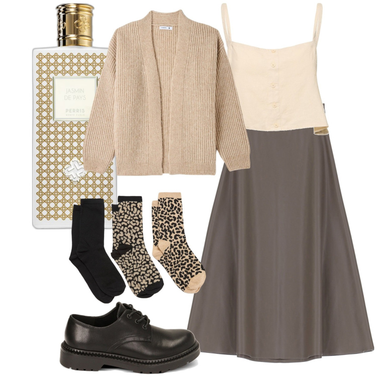 Outfit donna - Stringate e calzino. Stile Chic per Tutti i giorni. Abbinamento con profumi, gonne longuette, calzini, cardigans, scarpe stringate, top.