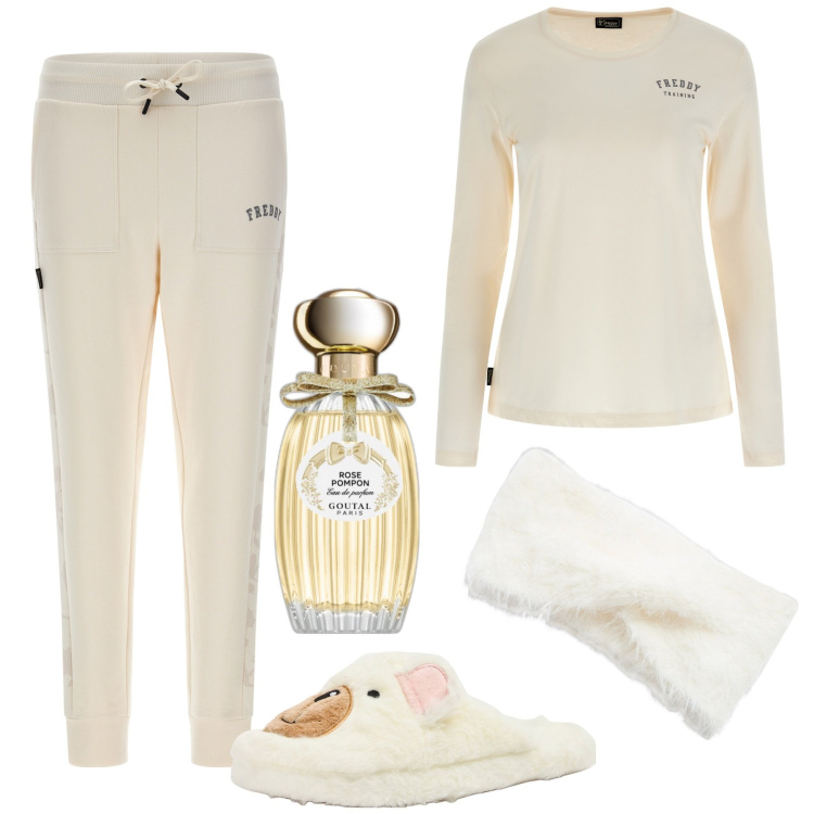 Outfit donna - Home sweet home. Stile Basic per Tutti i giorni. Abbinamento con profumi, fasce per capelli, pantofole, pantaloni sportivi, t-shirt.
