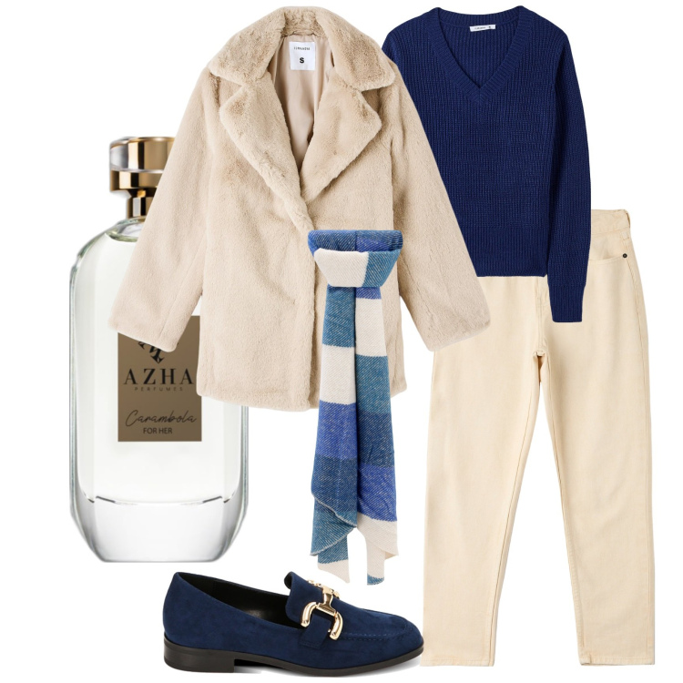 Outfit donna - Basic in panna e blu. Stile Basic per Tutti i giorni. Abbinamento con profumi, jeans mom, maglieria, ecopellicce, sciarpe, mocassini.