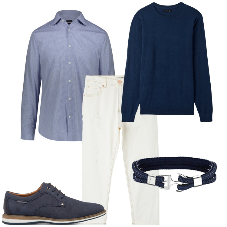 Outfit uomo - Un classico. Stile Urban per Ufficio. Abbinamento con jeans strappati, maglieria, scarpe stringate, braccialetti, camicie.