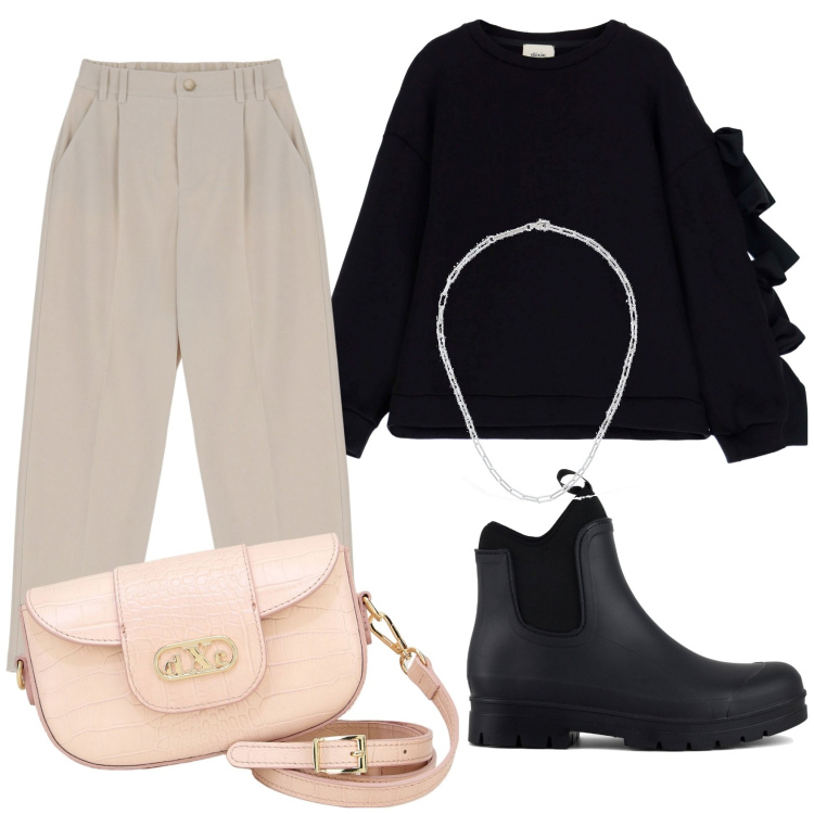 Outfit donna - Comoda. Stile Casual chic per Cerimonia. Abbinamento con felpe, pochette, pantaloni capri, stivali, collane.