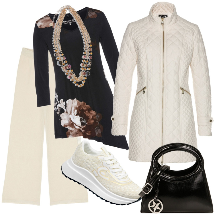 Outfit donna - Total look #1796076. Stile Casual chic per Tutti i giorni. Abbinamento con blazer, maglieria, pantaloni a palazzo, sneakers, borse a spalla, collane.