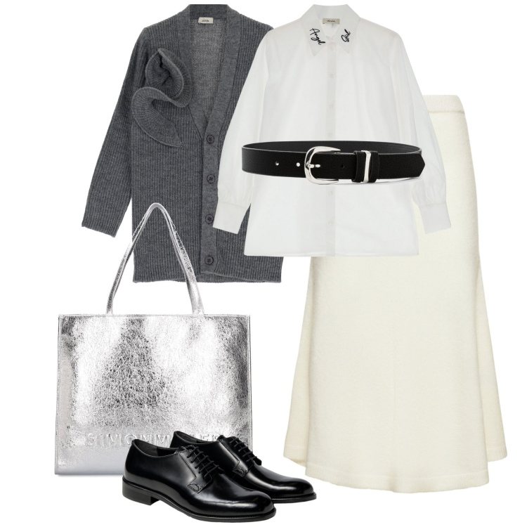 Outfit donna - Un fiore sul cardigan. Stile Chic Abbinamento con cinture, cardigans, camicie, gonne, scarpe stringate, shopping bag.