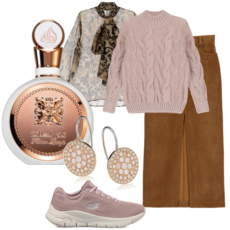 Outfit donna - Nuance nude. Stile Glamour per Tutti i giorni. Abbinamento con profumi, maglieria, camicie, sneakers, gonne lunghe, orecchini.