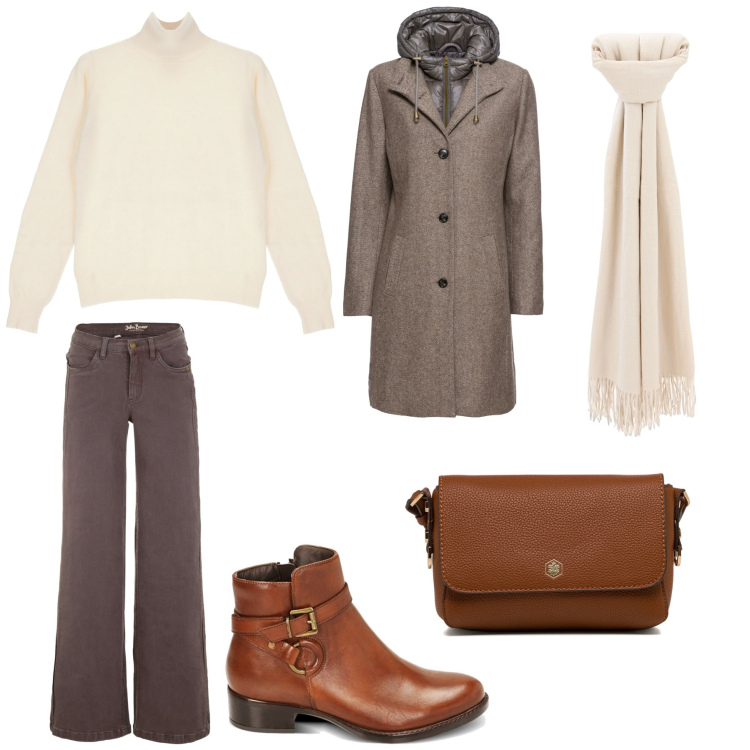 Outfit donna - Beige dixie. Stile Casual per Tutti i giorni. Abbinamento con cappotti, jeans, sciarpe, maglieria, stivaletti chelsea, borse a tracolla.