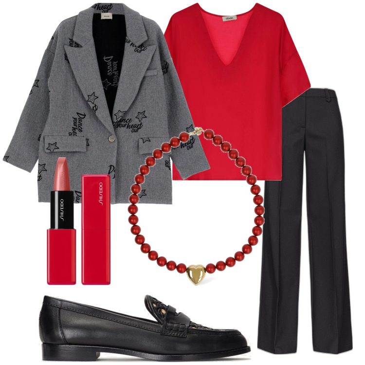 Outfit donna - il Mocassino. Stile Chic per Ufficio. Abbinamento con rossetti, pantaloni a palazzo, t-shirt, cappotti, mocassini, collane.