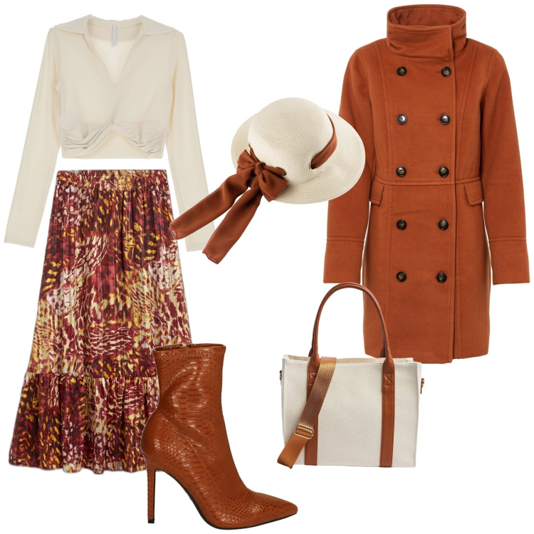 Outfit donna - La gonna a fiori. Stile Casual chic per Tutti i giorni. Abbinamento con cappelli, cappotti, gonne, shopping bag, maglieria, stivaletti.