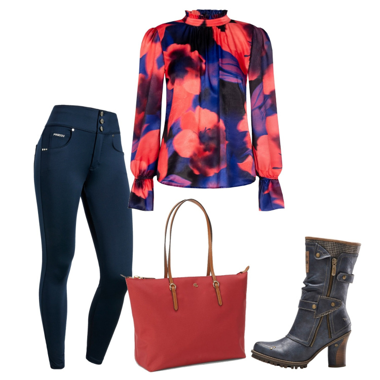Outfit donna - Un tocco di fiori. Stile Casual chic per Tutti i giorni. Abbinamento con stivali, bluse, pantaloni skinny, borse tote.