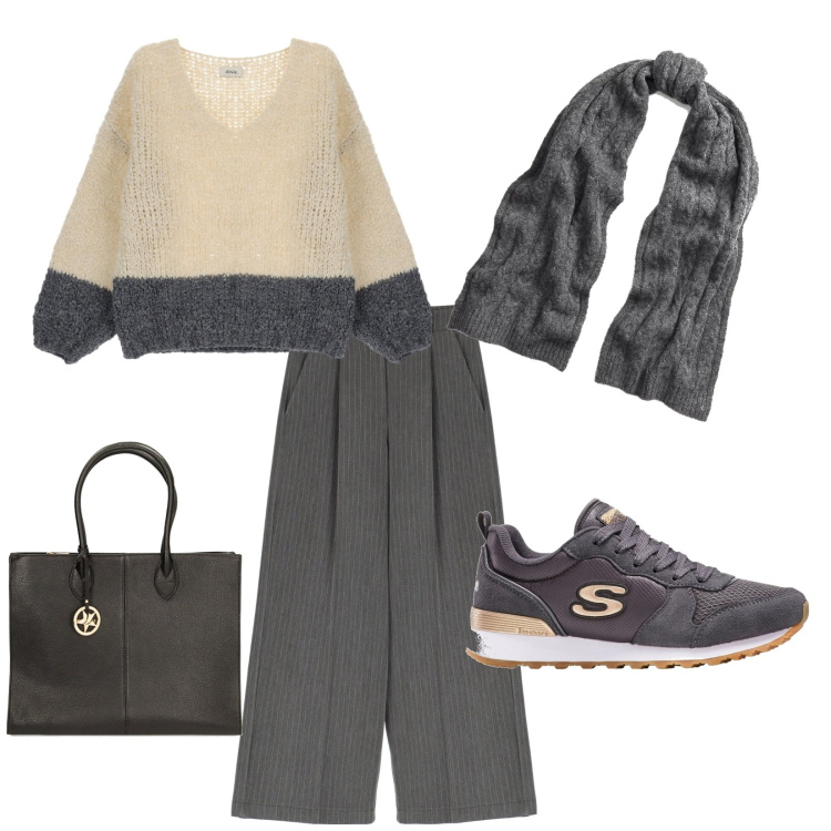 Outfit donna - Comoda al lavoro. Stile Casual per Ufficio. Abbinamento con sneakers, borse a spalla, maglieria, pantaloni a palazzo, sciarpe.