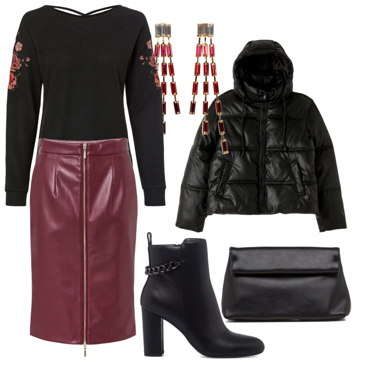 Outfit donna - Aperitivo cena e poi.... Stile Sexy per Serata fuori. Abbinamento con orecchini, maglieria, gonne longuette, piumini, stivaletti, borse a tracolla.