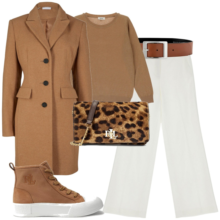 Outfit donna - So chic. Stile Casual chic per Tutti i giorni. Abbinamento con cinture, cappotti, pantaloni a palazzo, pullovers, sneakers, borse a tracolla.