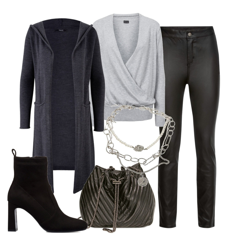 Outfit donna - City. Stile Casual chic per Tutti i giorni. Abbinamento con cardigans, maglieria, pantaloni, borse a secchiello, stivaletti, ciondoli.