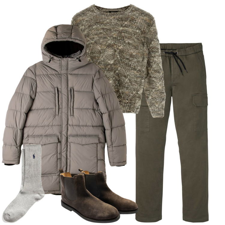 Outfit uomo - Inverno. Stile Urban per Tutti i giorni. Abbinamento con pantaloni cargo, piumini, maglieria, calzini, stivali e stivaletti.