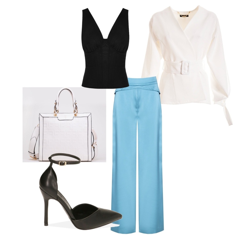 Outfit donna - passeggiata al mare. Stile Casual chic per Tutti i giorni. Abbinamento con top, pantaloni a palazzo, blazer, borse tote, décolleté.