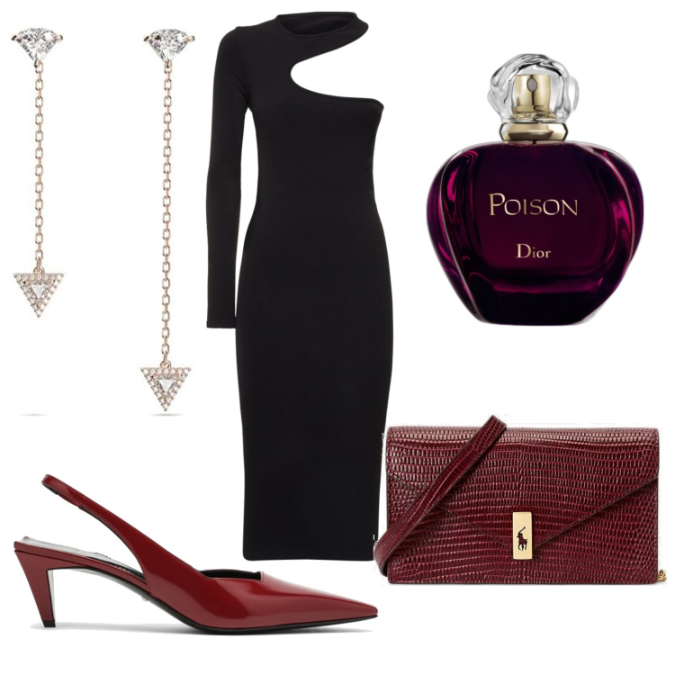 Outfit donna - Bordeaux dream. Stile Chic per Serata fuori. Abbinamento con profumi, clutch, scarpe col tacco, orecchini, vestiti asimmetrici.