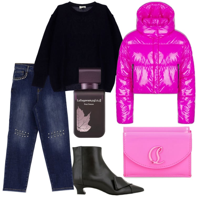 Outfit donna - Total look #1796205. Stile Trendy per Tutti i giorni. Abbinamento con profumi, blazer, stivaletti, jeans dritti, pullovers, portafogli.