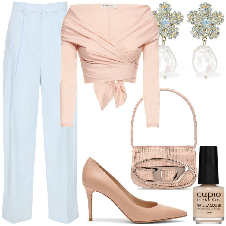 Outfit donna - Top in taffetà stretch. Stile Chic per Cerimonia. Abbinamento con smalti, top, orecchini, décolleté, pantaloni, borse a spalla.