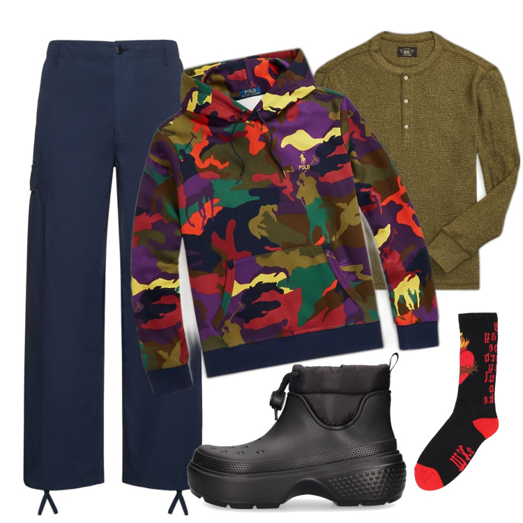 Outfit uomo - Maestro di sci. Stile Casual per Sport. Abbinamento con t-shirt, felpe con cappuccio, pantaloni cargo, stivali, calzini.