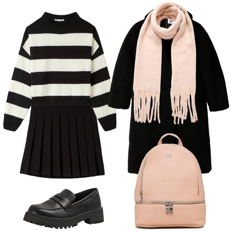Outfit donna - La gonna a pieghe. Stile Casual chic per Scuola/Università. Abbinamento con minigonne, maglieria, mocassini, cappotti, sciarpe, zaini.