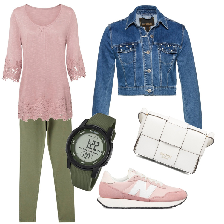 Outfit donna - La blusa con pizzo. Stile Casual chic per Tutti i giorni. Abbinamento con maglieria, blazer, pantaloni, borse a tracolla, sneakers, orologi digitali.