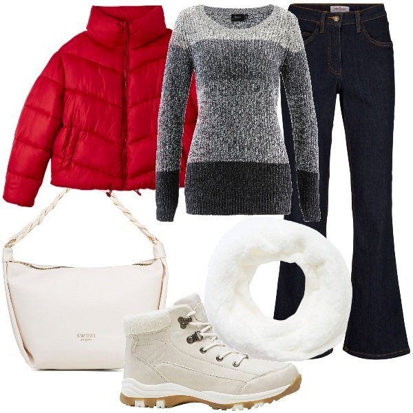 Outfit donna - Domeniche in relax. Stile Casual chic per Serata fuori. Abbinamento con jeans bootcut, stivaletti, maglieria, piumini, sciarpe, borse a mano.