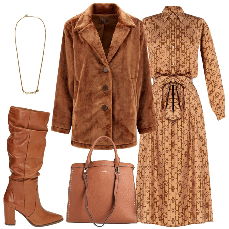 Outfit donna - Vestito e stivali. Stile Casual chic per Ufficio. Abbinamento con borse a mano, collane, vestiti chemisier, cappotti, stivali.