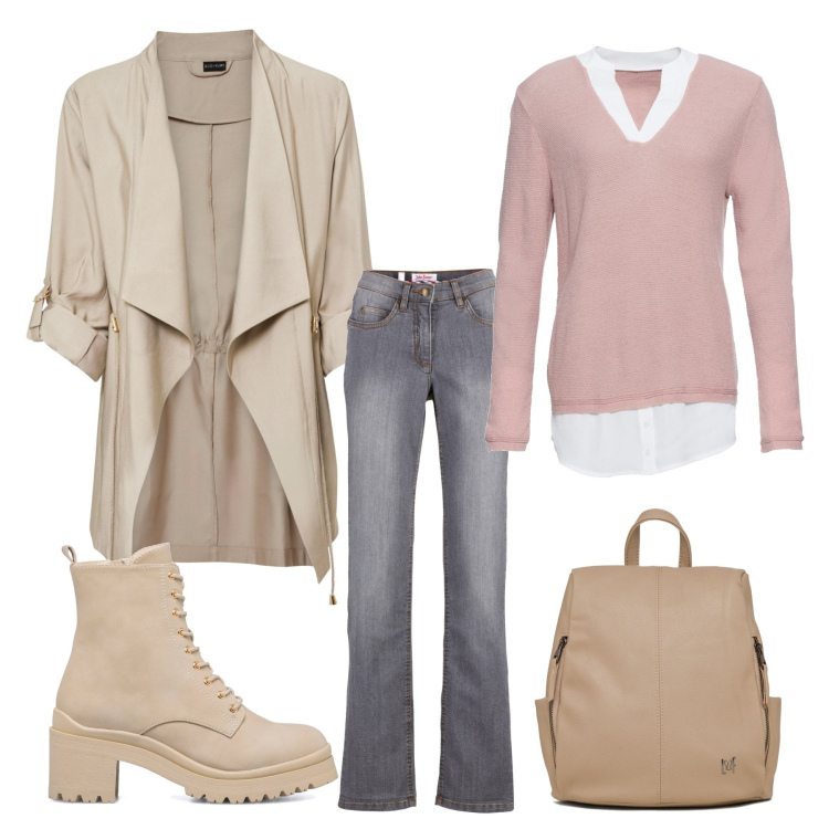 Outfit donna - Sportiva ma non troppo. Stile Chic per Ufficio. Abbinamento con jeans dritti, maglieria, blazer, anfibi, zaini.