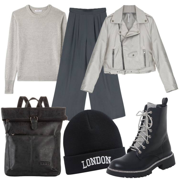 Outfit donna - Total look #1796303. Stile Urban per Scuola/Università. Abbinamento con zaini, maglieria, berretti, anfibi, cappotti, pantaloni a palazzo.