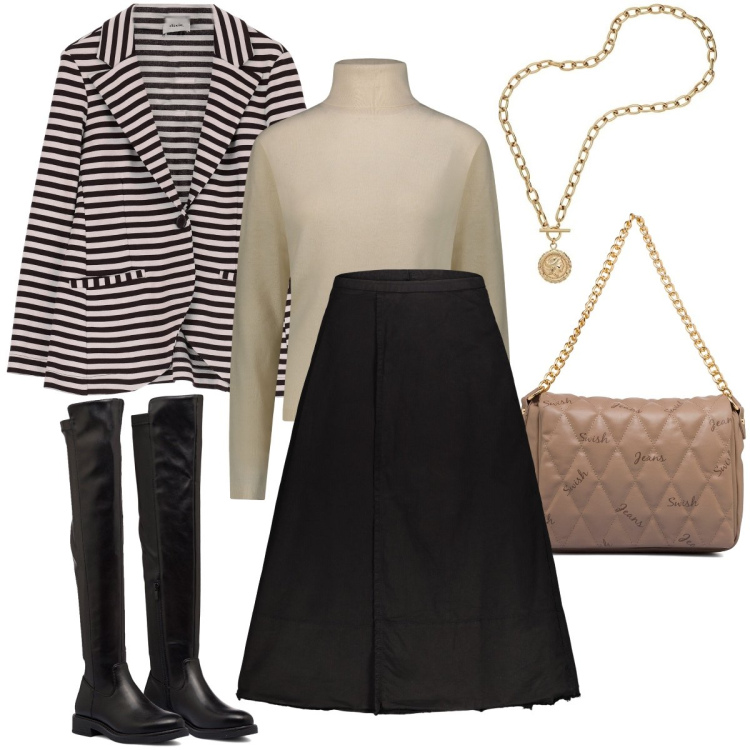 Outfit donna - I cuissard neri. Stile Trendy per Ufficio. Abbinamento con blazer, borse a tracolla, stivali sopra il ginocchio, gonne lunghe, pullovers, collane.