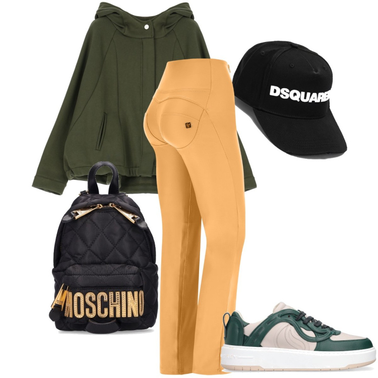 Outfit donna - La maxi felpa. Stile Sporty chic per Sport. Abbinamento con pantaloni, felpe con cappuccio, zaini, cappelli, sneakers.
