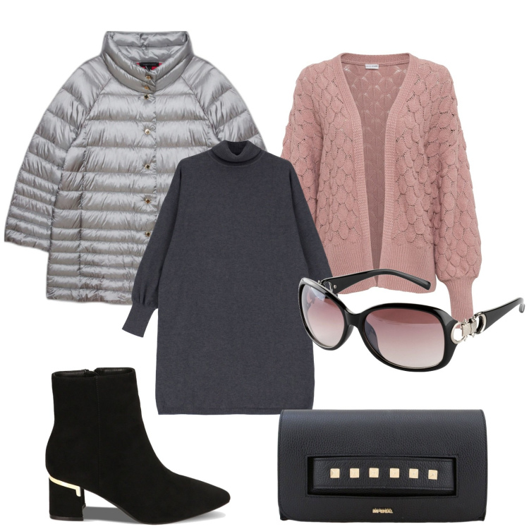 Outfit donna - Curvy Fiorella Rubino. Stile Casual chic per Ufficio. Abbinamento con cardigans, occhiali da sole, vestiti corti, pochette, stivaletti, piumini.