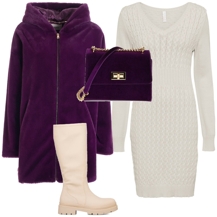 Outfit donna - Passeggiata d inverno. Stile Sporty chic per Tutti i giorni. Abbinamento con vestiti, cappotti, borse a tracolla, stivali.