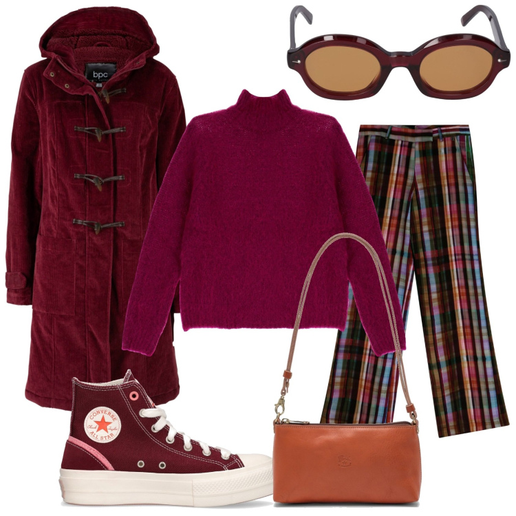 Outfit donna - Mi vesto scozzese ed esco. Stile Glamour per Tutti i giorni. Abbinamento con montgomery, pantaloni a palazzo, maglieria, sneakers, borse a spalla, occhiali da sole.