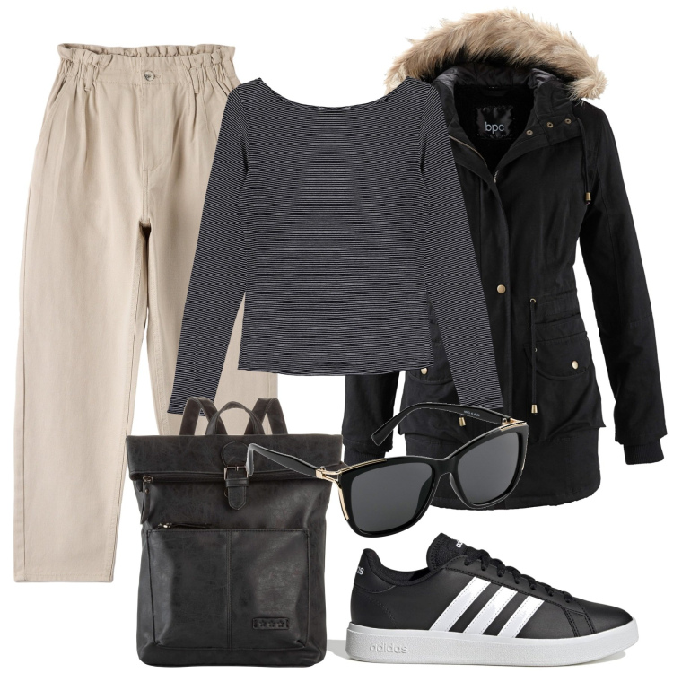 Outfit donna - Comodo e Trendy. Stile Trendy per Tutti i giorni. Abbinamento con zaini, cappotti, occhiali da sole, pantaloni, maglieria, sneakers.